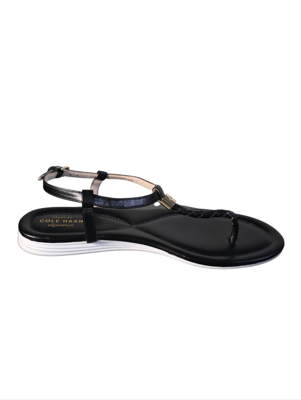 Cole Haan Signature Black Leather Braided Thong Sandals Gold Hardware Size 10B